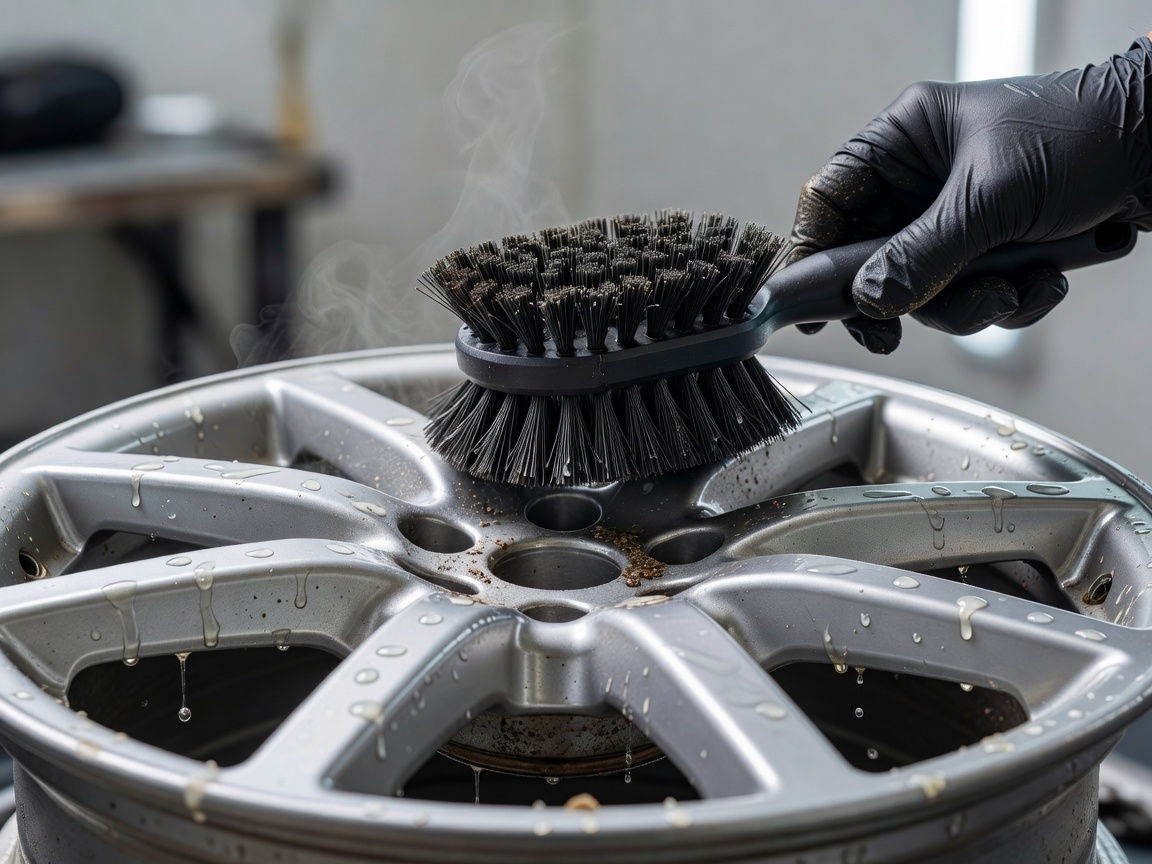 Cleaning the alloy wheel spoke detail using a specialized wheel barrel brush.