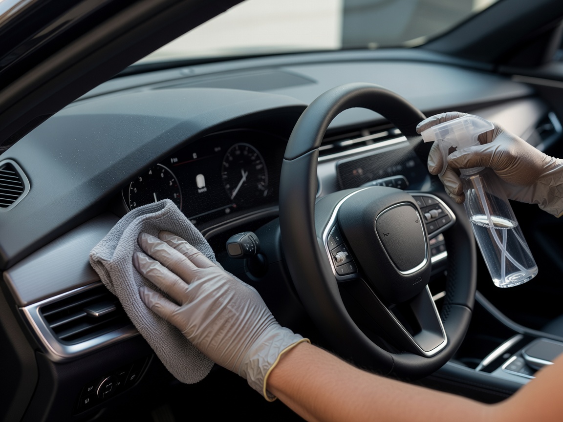 Detailed cleaning of a modern car interior dashboard and steering wheel interface.