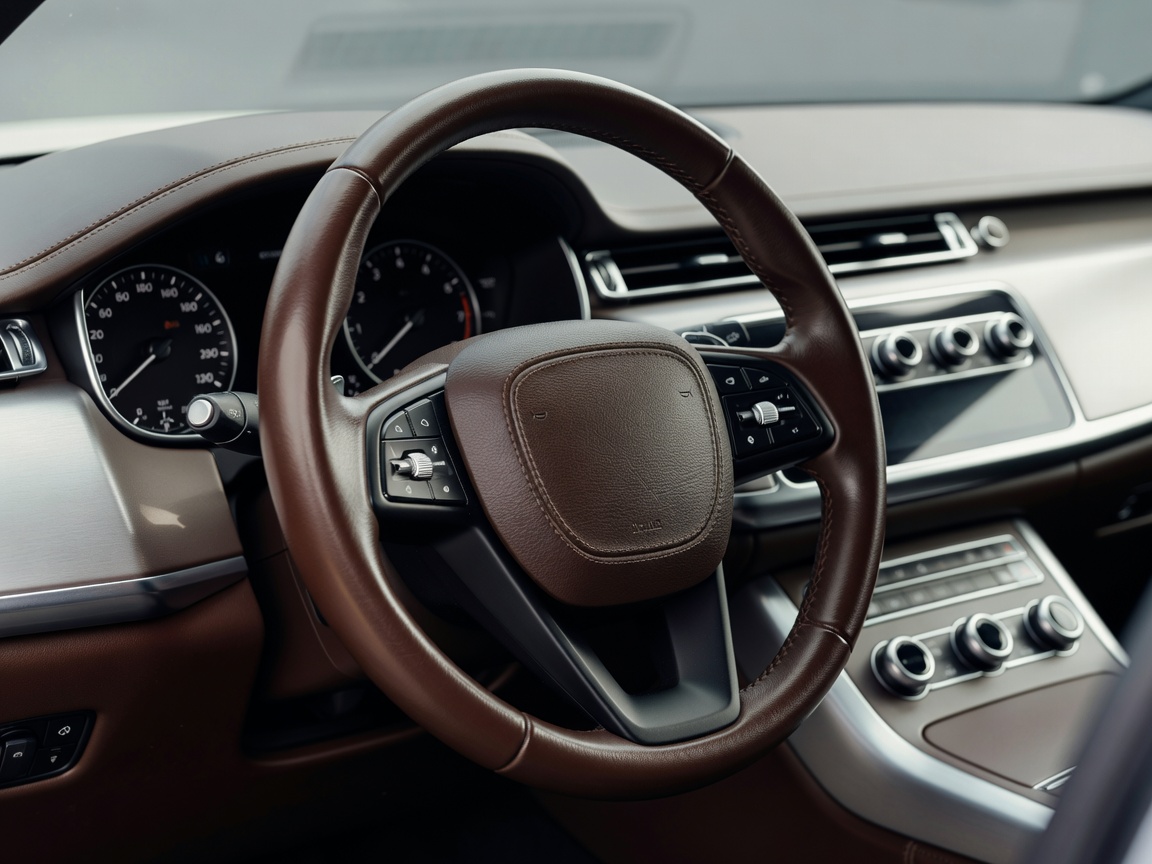 Detailed look at a leather steering wheel and clean dashboard controls inside a vehicle.