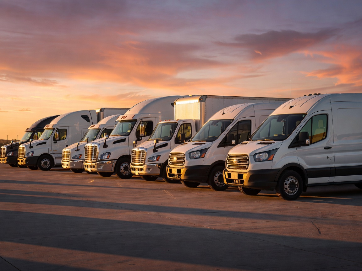 Group of cleaned commercial vehicles parked in a line at sunset.