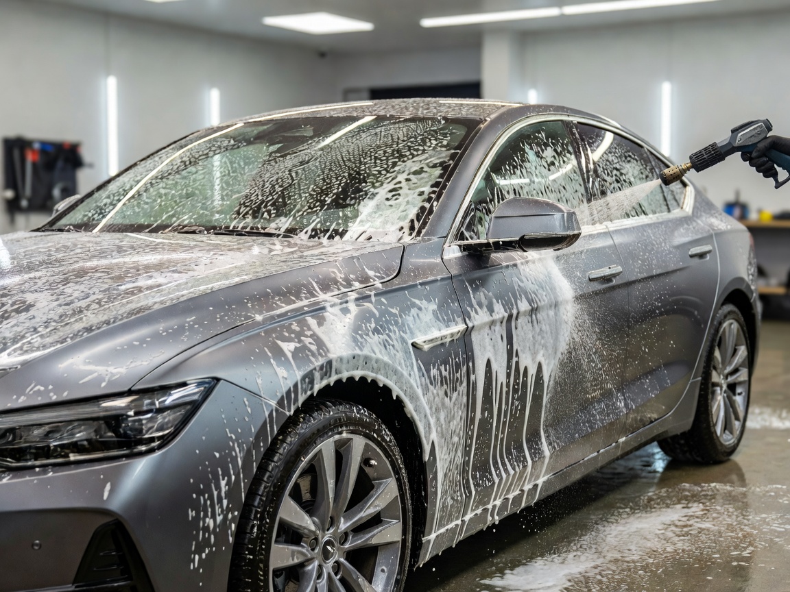 Snow foam being applied to a modern grey car to loosen grit.