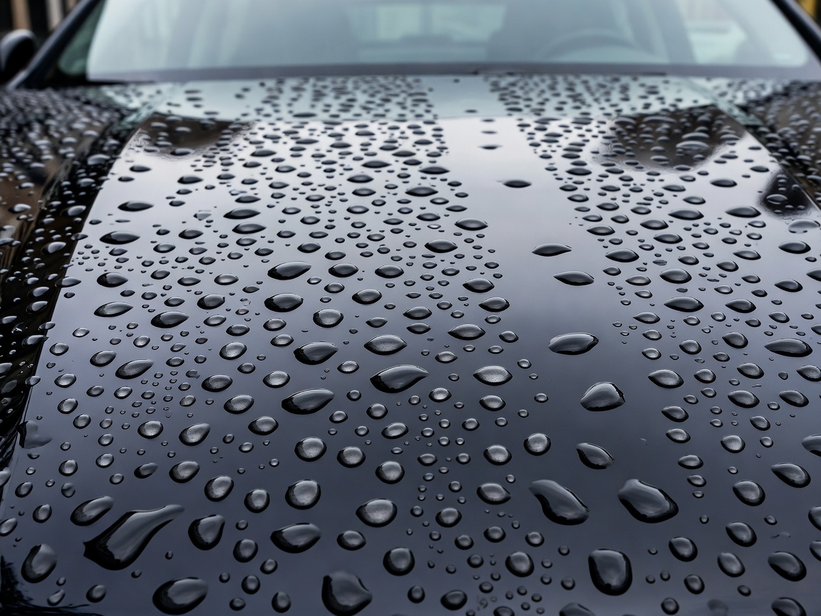Water droplets beading on a dark vehicle hood, showcasing hydrophobic behavior.